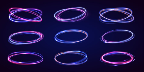Set of neon blurry light circles at motion . Vector swirl trail effect. Night road speed illustration. Rounded neon line with light effect.