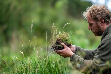 agricultural farmer Holding soil in a hand, feeling compost in a field in Tasmania Australia. soil...