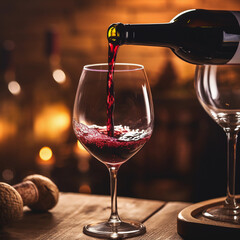 A dynamic image showing red wine being poured into a glass from a bottle. Assessing the quality of wine at a winery or drinking wine.  - obrazy, fototapety, plakaty