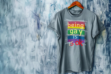 T-shirt with a colorful rainbow inscription being gay is OK


