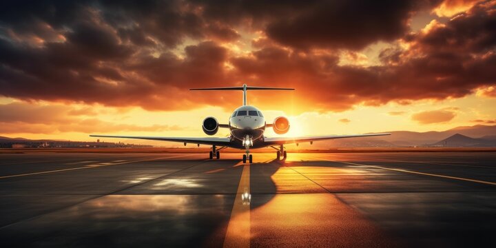 private business jet parked at the airport at the foot of the mountains in the rays of a summer sunset