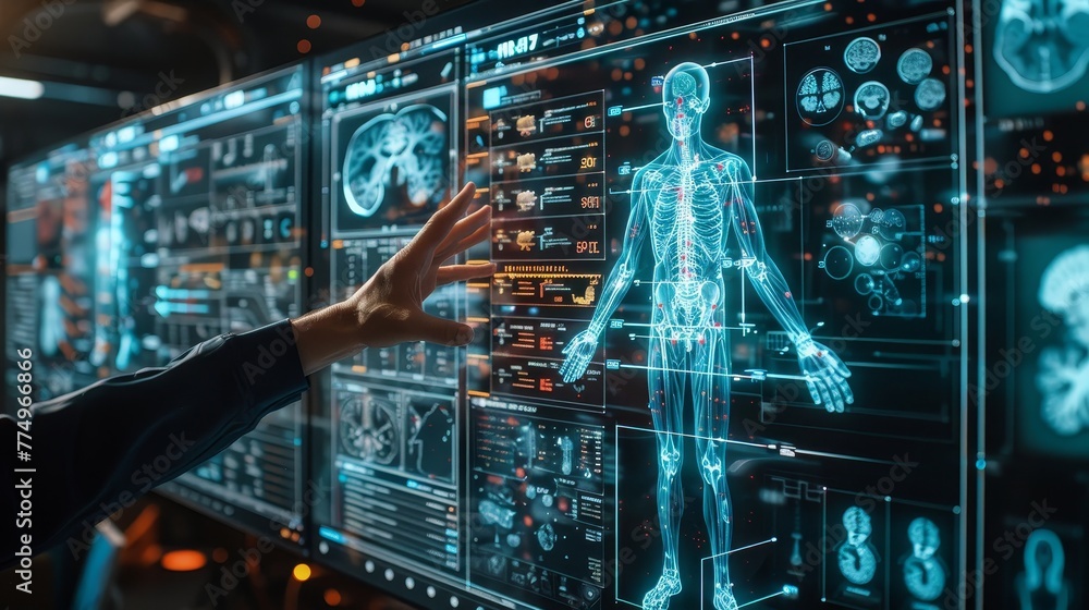 Poster an interactive screen displaying a 3d model of the human body