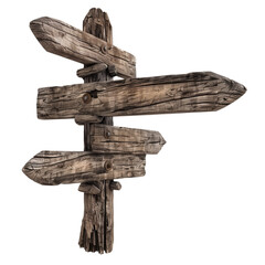 Rustic wooden directional signpost on transparent background