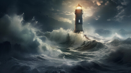 a lighthouse in the middle of a stormy sea with a light on it.  - obrazy, fototapety, plakaty