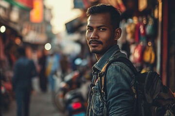 Portrait of young handsome Indian man with backpack standing in the street - obrazy, fototapety, plakaty