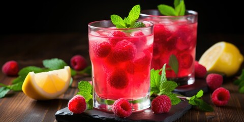 Raspberry lemonade with fresh raspberries and mint on wooden background