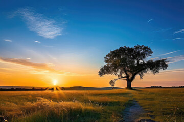 Fototapeta premium The sun rises, casting a golden light over a field with a single oak tree standing tall, a path leading towards the horizon.