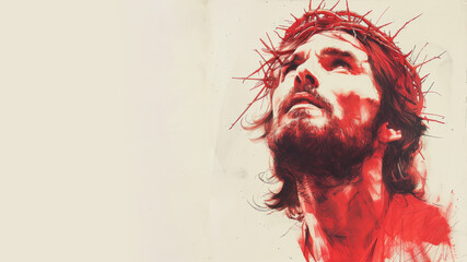 Red watercolor of A man with long hair and beard resembling Jesus Christ - obrazy, fototapety, plakaty