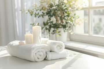a stack of towels with candles and a glass of water