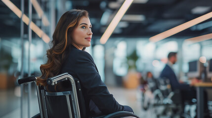 Confident woman sitting in a wheelchair in a corporate business environment, inclusion.

 - obrazy, fototapety, plakaty