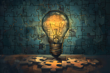 A sketched light bulb sitting on top of puzzle pieces on a dark backround