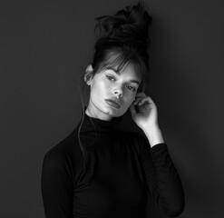 Monochrome Elegance: Model's Pensive Pose, striking black and white portrait of a model in a turtleneck, her thoughtful pose and direct gaze creating an atmosphere of introspective elegance