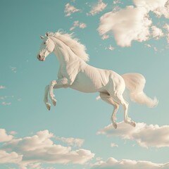 Obraz na płótnie Canvas Majestic White Horse Soaring in the Sky, captivating 3D rendering of a white horse with a flowing mane, gracefully leaping into a sky adorned with fluffy clouds