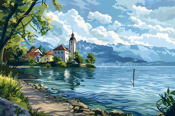Malerei des Bodensees: Idyllische Landschaft mit klarem Wasser und Alpenpanorama - obrazy, fototapety, plakaty