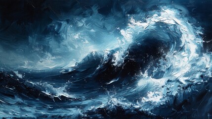 an expressionist style painting with lapping waves presented through dynamic brushwork that gives a sense of movement and the natural power of the sea. - obrazy, fototapety, plakaty