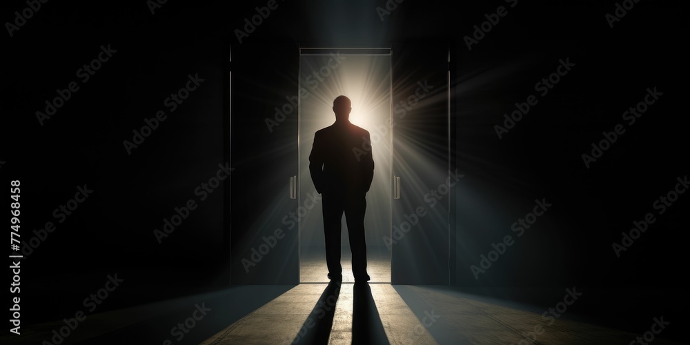 Wall mural Silhouette of a businessman standing in front of a door with light coming through