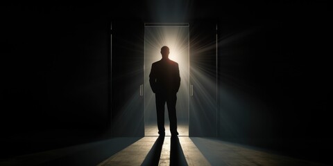 Silhouette of a businessman standing in front of a door with light coming through