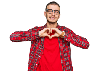 Hispanic young man wearing casual clothes smiling in love doing heart symbol shape with hands. romantic concept.