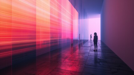 Futuristic Corridor with Dynamic Light Streaks,  silhouetted figure stands in a corridor bathed in vibrant streaks of pink and red light, evoking a sense of motion and the future