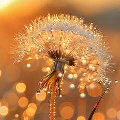 A close-up photograph of a dandelion at sunrise, dewdrops clinging to its delicate seeds, backlit by the golden light of the rising sun.