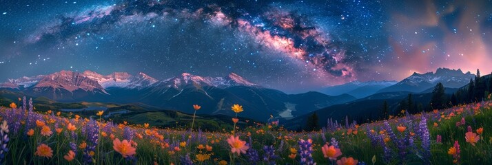 An impressive view of the Milky Way galaxy across the night sky above a mountain meadow filled with wildflowers, creates harmony between earth and sky. - obrazy, fototapety, plakaty