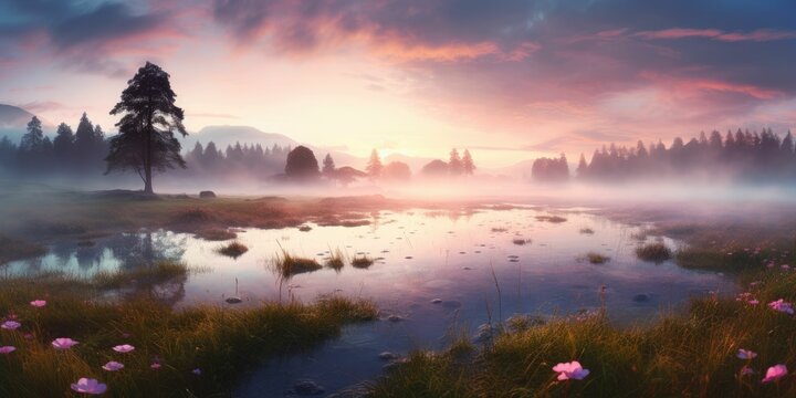 Sunrise over a misty meadow in the English Lake District 
