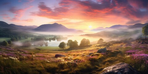 Sunrise over a misty meadow in the English Lake District 