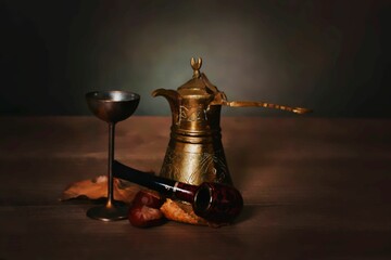 Aesthetic coffee still life view with a metal pot, glass and smoking pipe in closeup