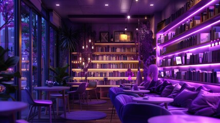 Neon-Lit Bookshop Cafe, bookshop cafe is bathed in the soft, purple glow of lavender lighting,...