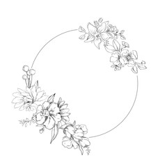 Flower circle frame. Hand drawn round line border, leaves and flowers, wedding invitation and cards, logo design and posters template. Elegant minimal style floral vector isolated 