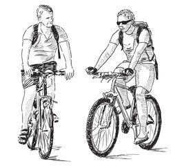 Cyclists riding bike on summer day, two young men, casual active sports city dweller, sketch, vector hand drawing isolated on white