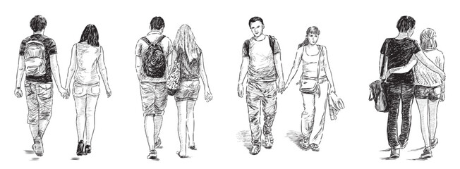 Couples young citizens holding hands walking outdoors together on summer day, casual city dwellers, sketch, vector  hand drawing black and white, isolated on white illustration - 774969895