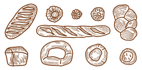 Loaf, bread, cheesecake, cookies, bun, bagel, fresh baking, delicious, dessert, baked goods, sketch,vector, outline hand drawings isolated on white - 774970025