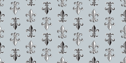 Fleur De Lys, Lily medieval, heraldic;Coat Of Arms; French,Gothic Style;seamless pattern, gray background, black,white, wallpaper,paper - 774970034