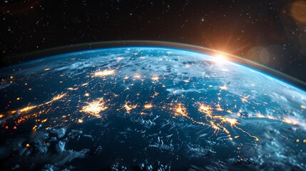 A 3D render of the Earth from space, with a network of glowing data paths crisscrossing continents, symbolizing worldwide internet connections. - obrazy, fototapety, plakaty