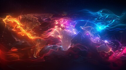 Fototapeta na wymiar A futuristic global network map, with neon-colored data paths glowing against the continents, depicting the extensive reach of internet connectivity