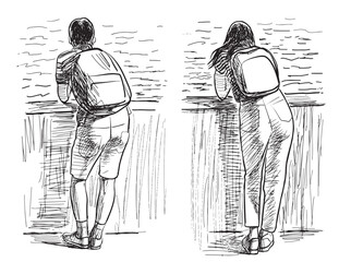 Students, teenagers, girl, boy, school children, standing,river embankment,rest, back view, backpack,youth, two persons, romance,sketch,doodle, vector illustration, black and white - 774970211