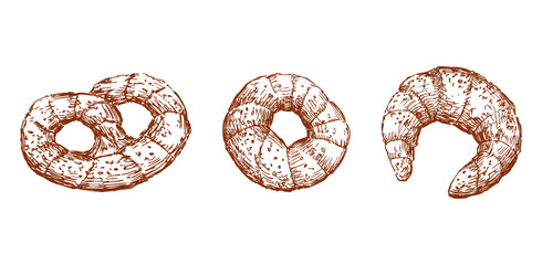 Pretzel, donat, bagel, fresh baking, delicious, dessert, baked goods, sketch,vector outline  hand drawings isolated on white - 774970216