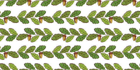 Oak leaves, acorns, green, rows, hand drawn vector illustration, deciduous tree,  seamless pattern, white background,wallpaper, paper, textile - 774970225