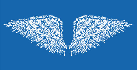Wings, feathers, textured, hand drawn, pair, flight, freedom, angel, vector illustration,blue background - 774970230