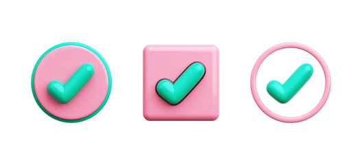 check mark symbol or check list green and pink in button style. circle and square design. Cute cartoon style kid plastic material object smooth glossy. PNG file type. 3D Illustration.