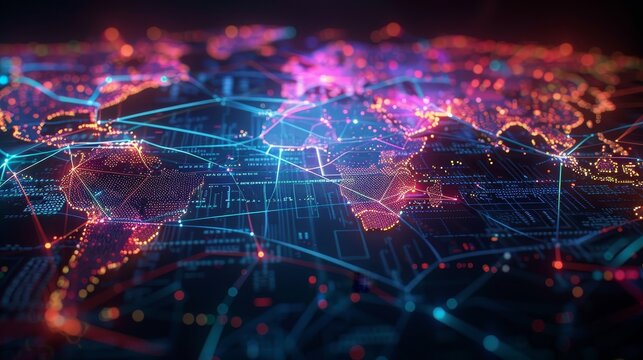 Futuristic visualization of a global network with points of light and data streams depicting intense communication and information exchange around the world