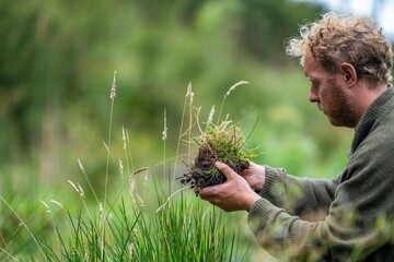 agricultural farmer Holding soil in a hand, feeling compost in a field in Tasmania Australia. soil...