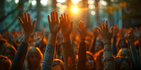 Blurred crowd of people raising hands in a council meeting to discuss suggestions and concepts for democracy. Concept Council Meeting, Democracy, Suggestions, Crowd, Blurred Hands, Concepts