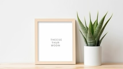 White frame mockup with sansevieria plant in a pot on a white background