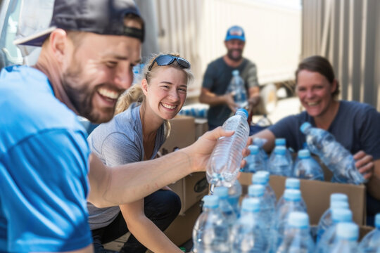 Charity, food donation and volunteering concept - group of happy smiling volunteers packing bottles of water in boxes at distribution assistance center