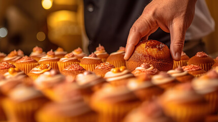 Close-up of hand of confectioner making cupcakes.