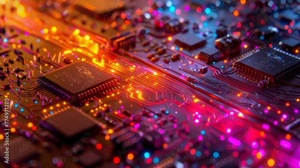 Poster Detailed visuals of glowing electronic circuit boards reflect the high-tech processing power and sophistication of computing systems.