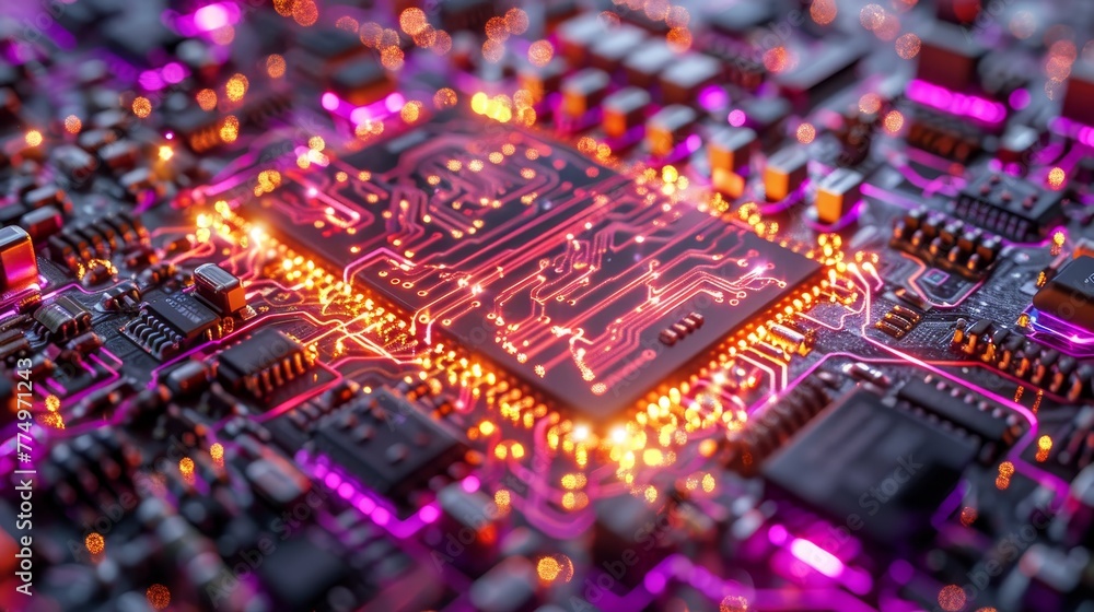 Poster Detailed visuals of glowing electronic circuit boards reflect the high-tech processing power and sophistication of computing systems.