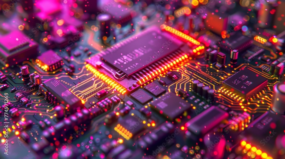 Poster Detailed visuals of glowing electronic circuit boards reflect the high-tech processing power and sophistication of computing systems.